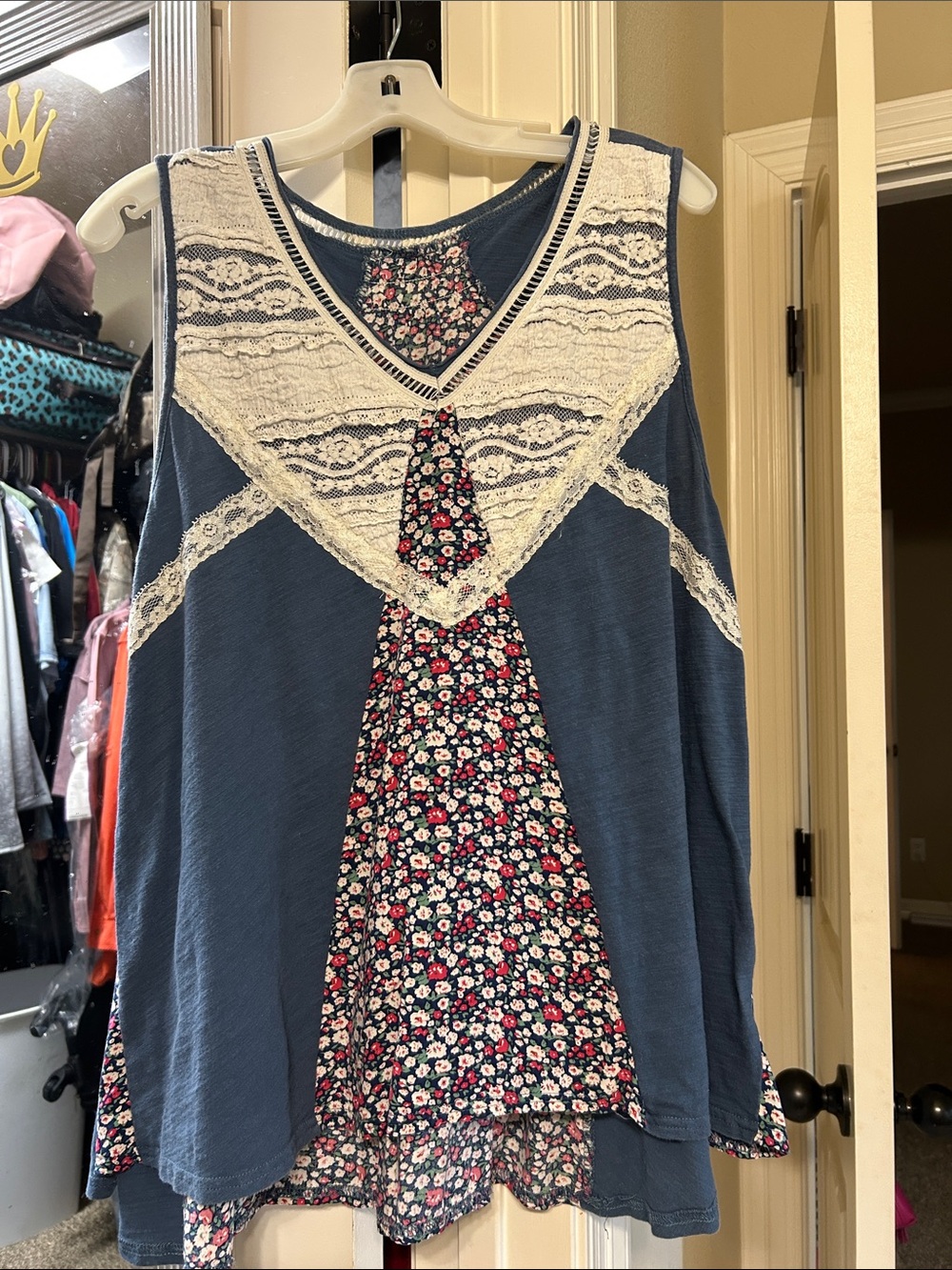 Super cute boho style Blue Floral Lace-Trim Women's Top—handmade tunic